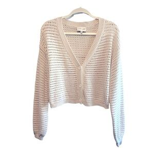 Open Weave Cardigan Cream Knit Cropped Long Sleeves V-neck Buttons Layer Size XL
